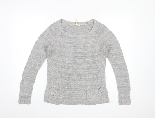 White Stuff Womens Grey Cable-Knit Jumper Size 8 Scoop Neck Pullover