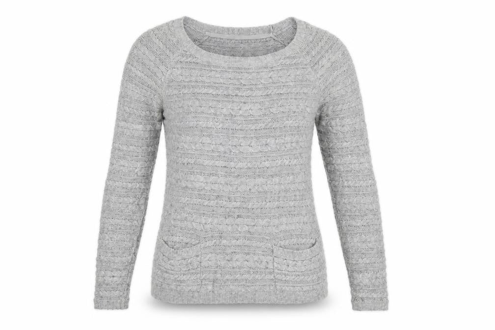 Front view of White Stuff women’s grey cable-knit jumper, size UK 8, scoop neck pullover