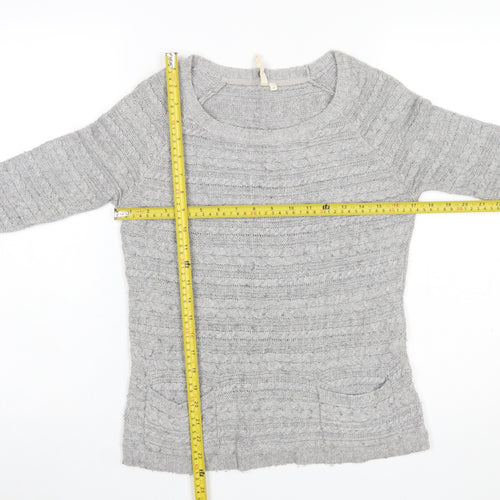 White Stuff Womens Grey Cable-Knit Jumper Size 8 Scoop Neck Pullover