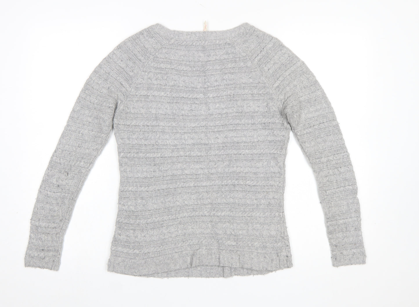 White Stuff Womens Grey Cable-Knit Jumper Size 8 Scoop Neck Pullover
