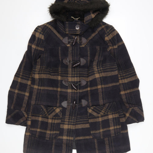 Marks and Spencer Women’s Brown Check Wool Blend Hooded Duffle Coat UK 16