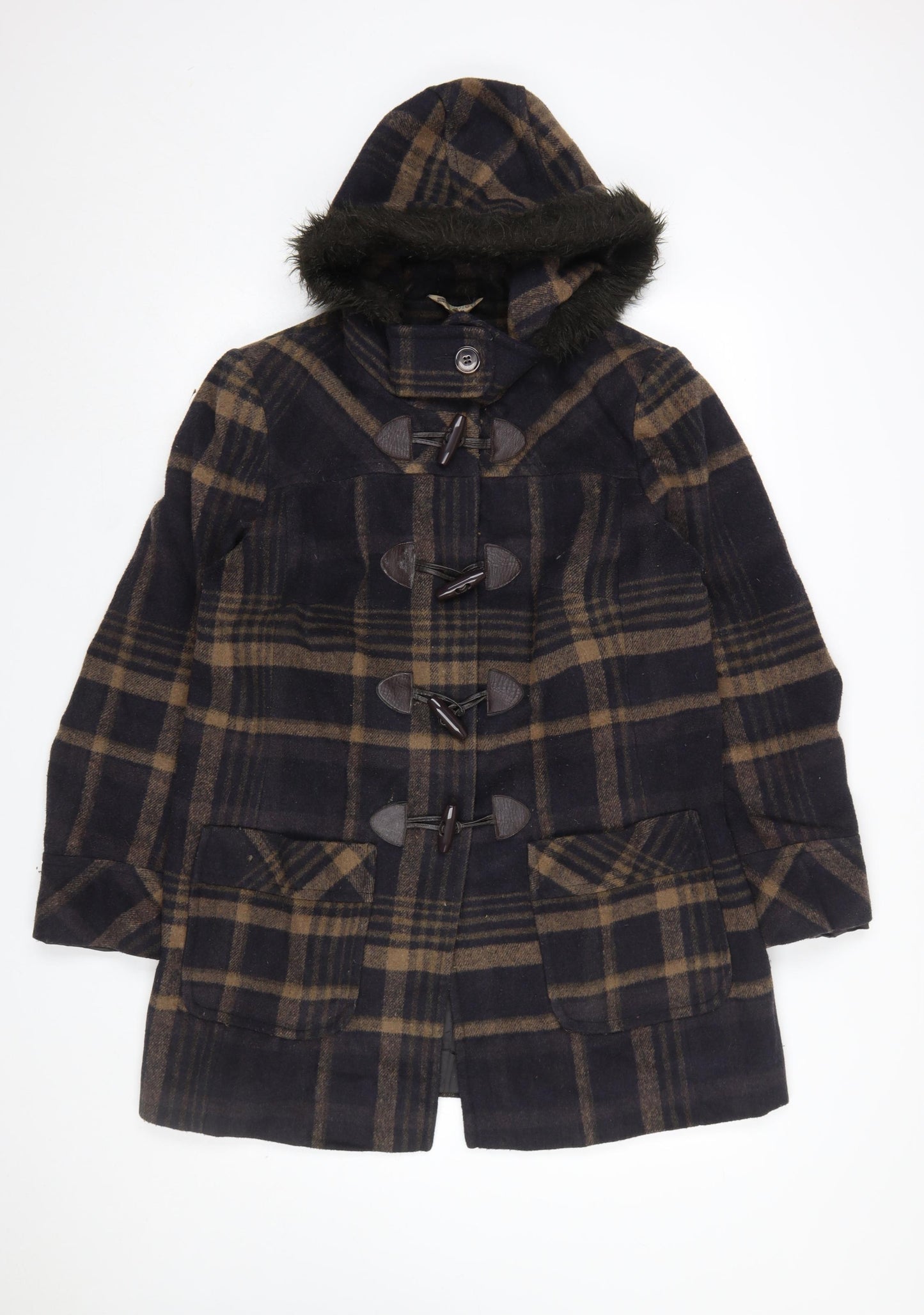 Marks and Spencer Women’s Brown Check Wool Blend Hooded Duffle Coat UK 16