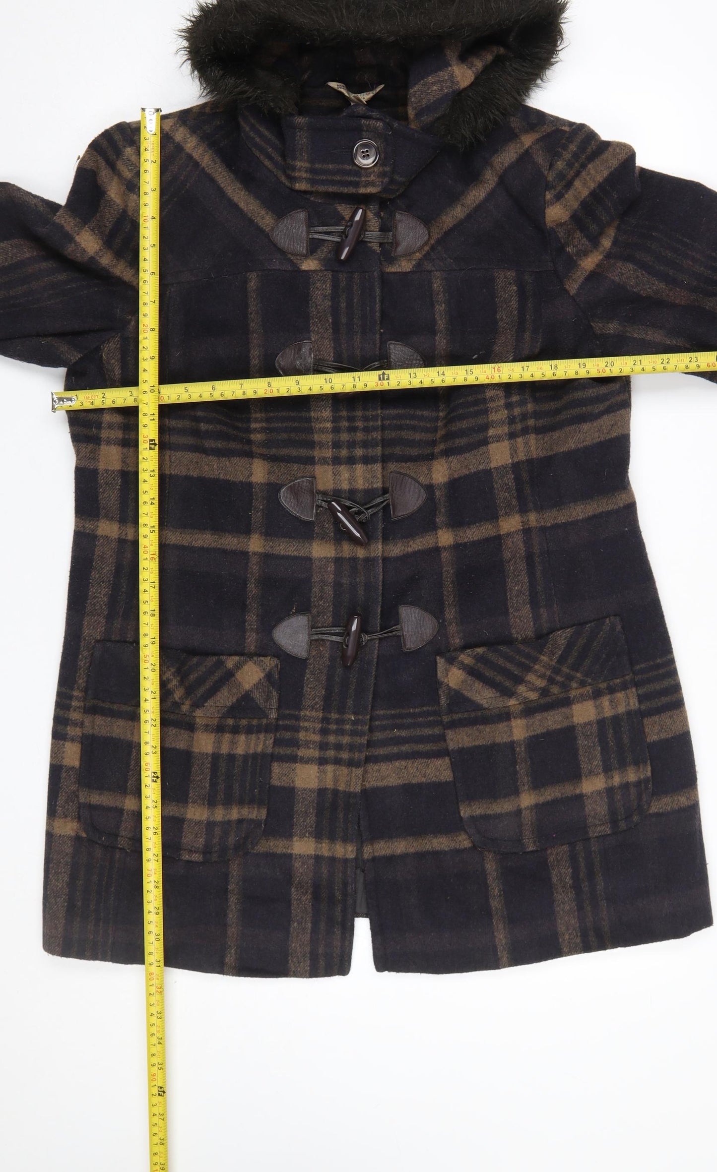 Marks and Spencer Women’s Brown Check Wool Blend Hooded Duffle Coat UK 16