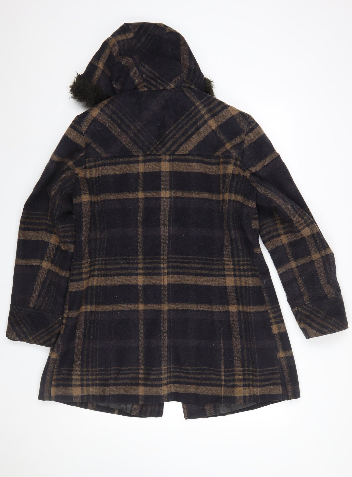 Marks and Spencer Women’s Brown Check Wool Blend Hooded Duffle Coat UK 16