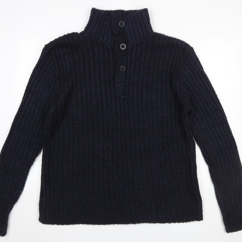 John Lewis Men Blue XL Henley High Neck Ribbed Jumper