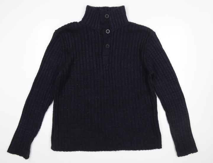 John Lewis Men Blue XL Henley High Neck Ribbed Jumper