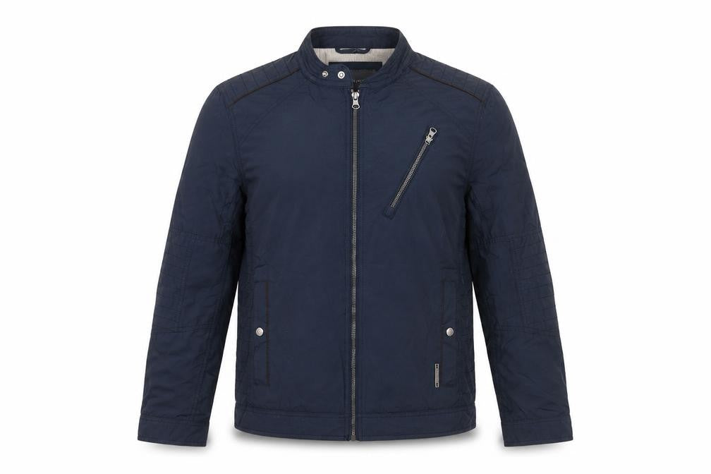 Front view of RJR.John Rocha Men's Blue Biker Jacket, size L, Cotton Nylon