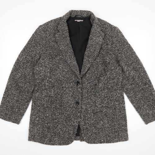 H&M Women Black Grey Tweed Wool Blend Single-Breasted Blazer Size 10