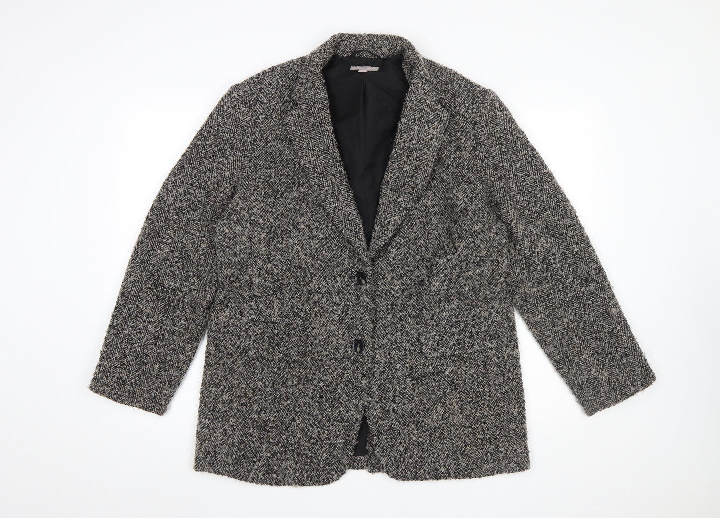 H&M Women Black Grey Tweed Wool Blend Single-Breasted Blazer Size 10