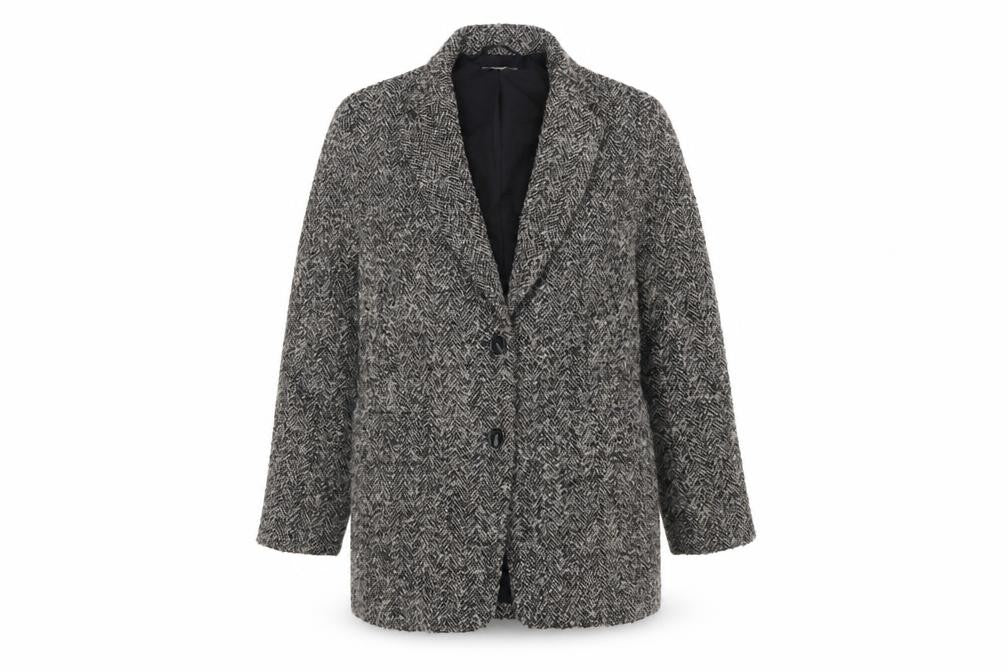 Front view of H&M Women Black Grey Tweed Wool Blend Single-Breasted Blazer, size 10
