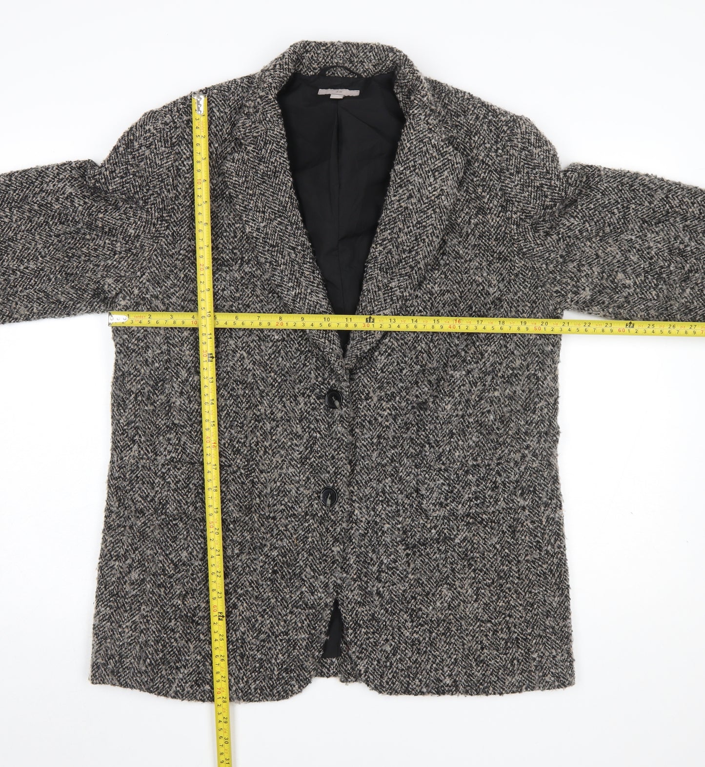 H&M Women Black Grey Tweed Wool Blend Single-Breasted Blazer Size 10