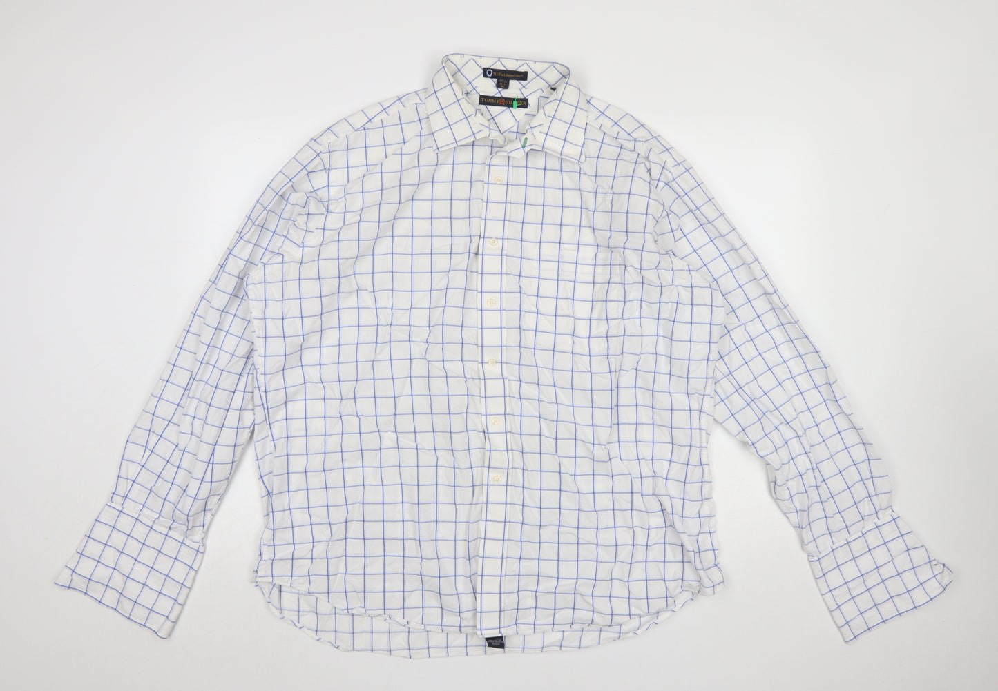 Tommy Hilfiger Men's White Blue Check XL Formal Dress Shirt 100% Cotton