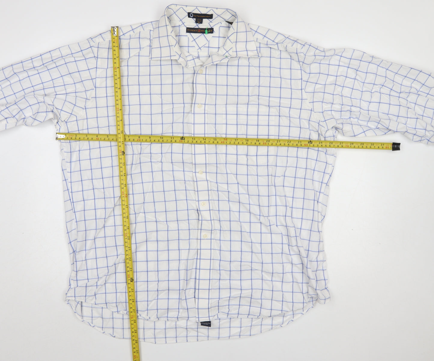 Tommy Hilfiger Men's White Blue Check XL Formal Dress Shirt 100% Cotton