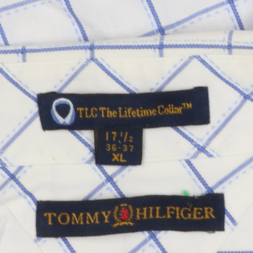 Tommy Hilfiger Men's White Blue Check XL Formal Dress Shirt 100% Cotton