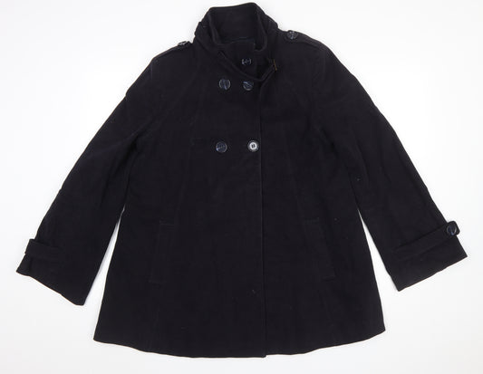 Great Plains Women Black Cotton Pea Coat L Lined Button Mid-Length