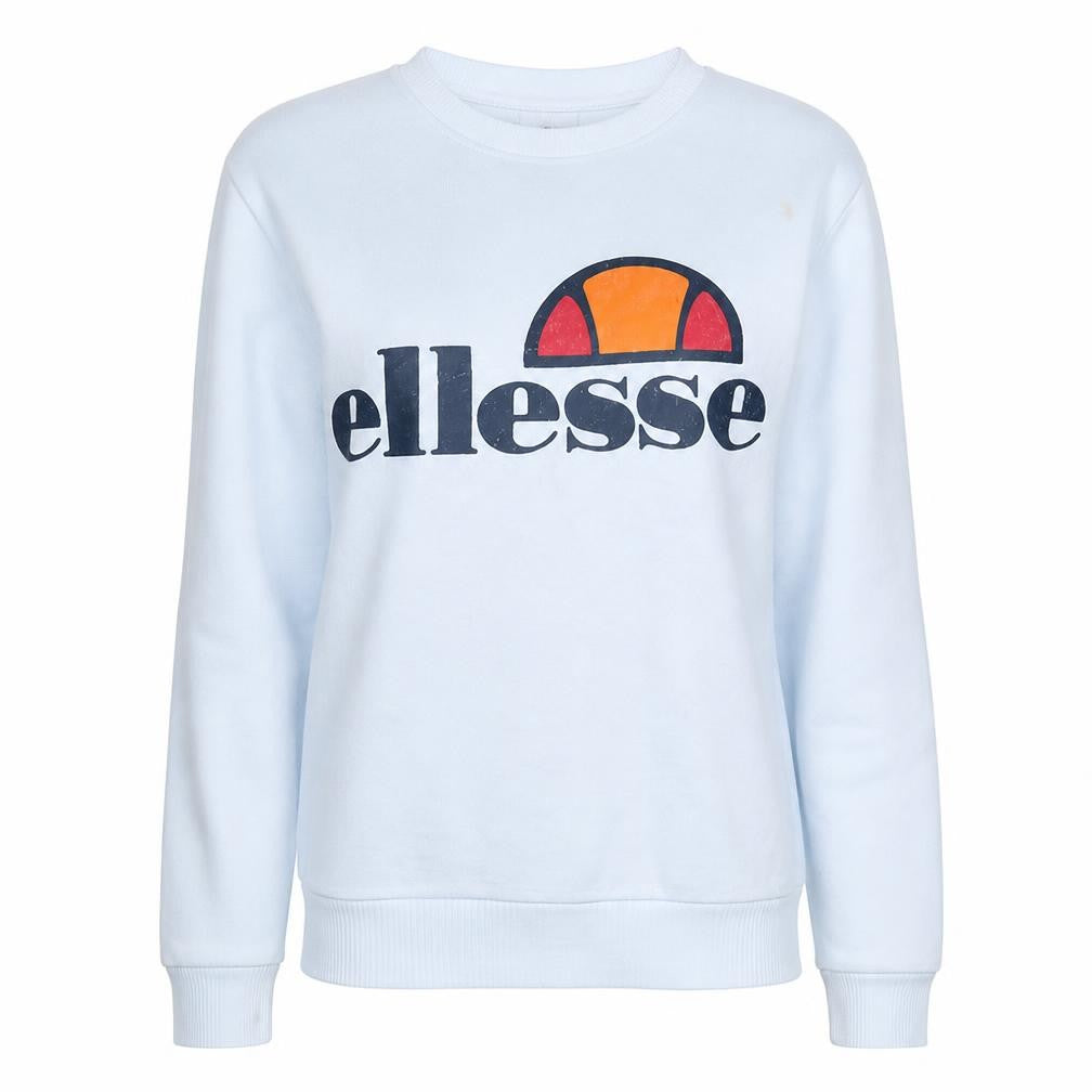 Front view of Ellesse women’s white cotton blend pullover sweatshirt, size UK 10