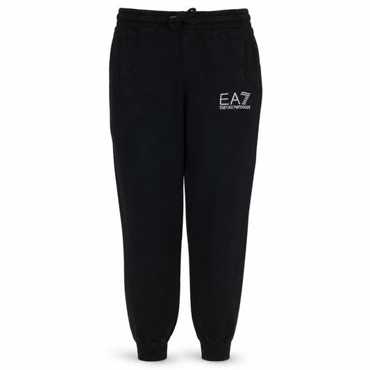 Front view of Emporio Armani EA7 men’s black logo jogger trousers, size L