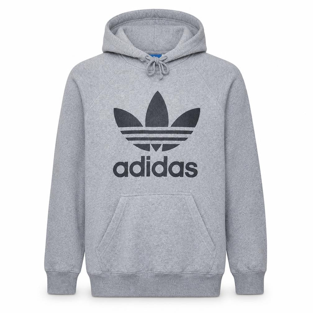 Front view of Adidas Men's Grey Pullover Hoodie M Regular Fit Sports Logo