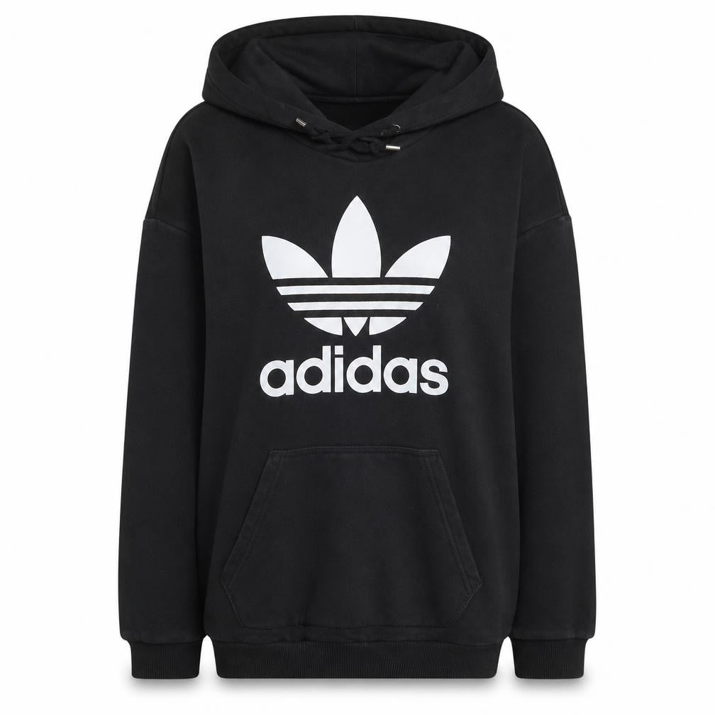 Front view of Adidas women’s black pullover hoodie l cotton blend trefoil logo