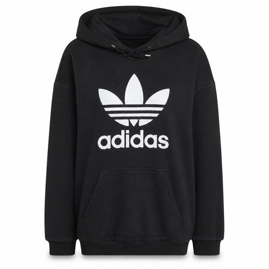 Front view of Adidas women’s black pullover hoodie l cotton blend trefoil logo