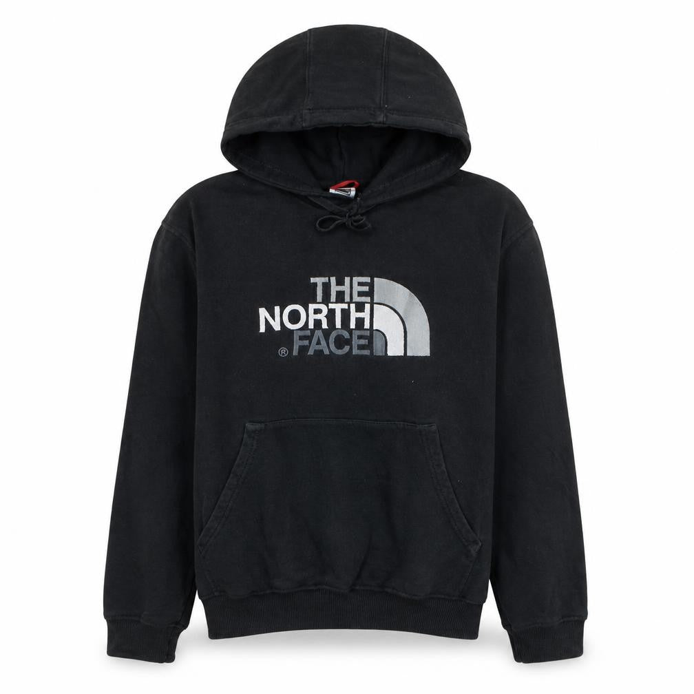 Front view of The North Face men’s black pullover hoodie, size M, regular fit fleece