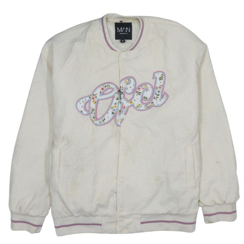 boohooMAN Men's Ivory Corduroy Varsity Jacket M College Style