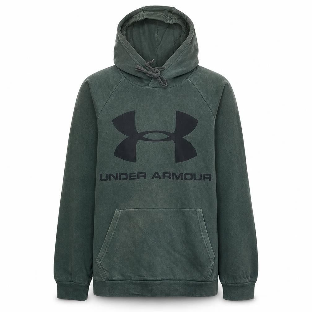 Front view of Under Armour Men's Green Pullover Hoodie, size M, Graphic Logo Cotton Blend
