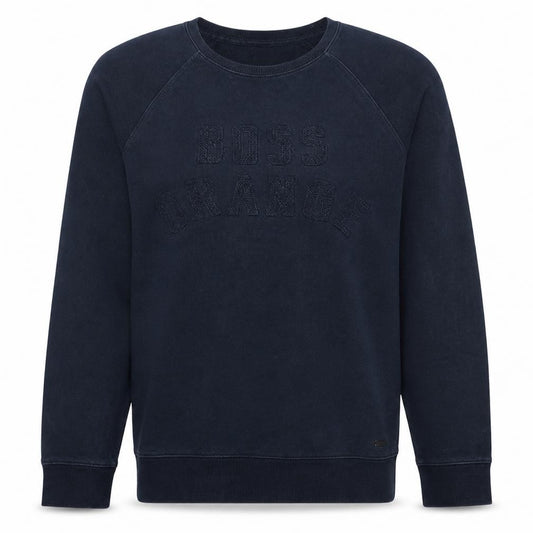 Front view of Hugo Boss men’s navy sweatshirt l crew neck cotton boss orange
