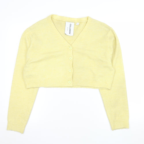 Collusion Women Yellow V-Neck Cropped Cardigan UK 10 Knit Lightweight