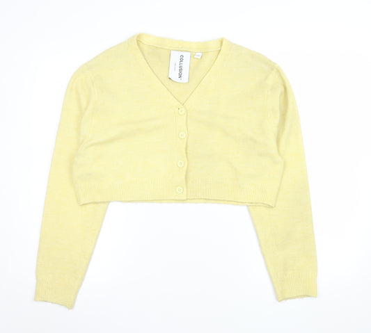 Collusion Women Yellow V-Neck Cropped Cardigan UK 10 Knit Lightweight