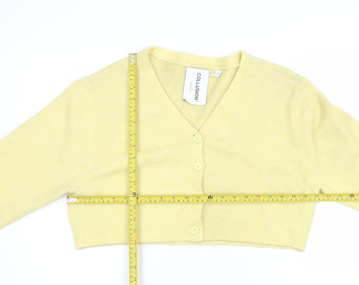 Collusion Women Yellow V-Neck Cropped Cardigan UK 10 Knit Lightweight