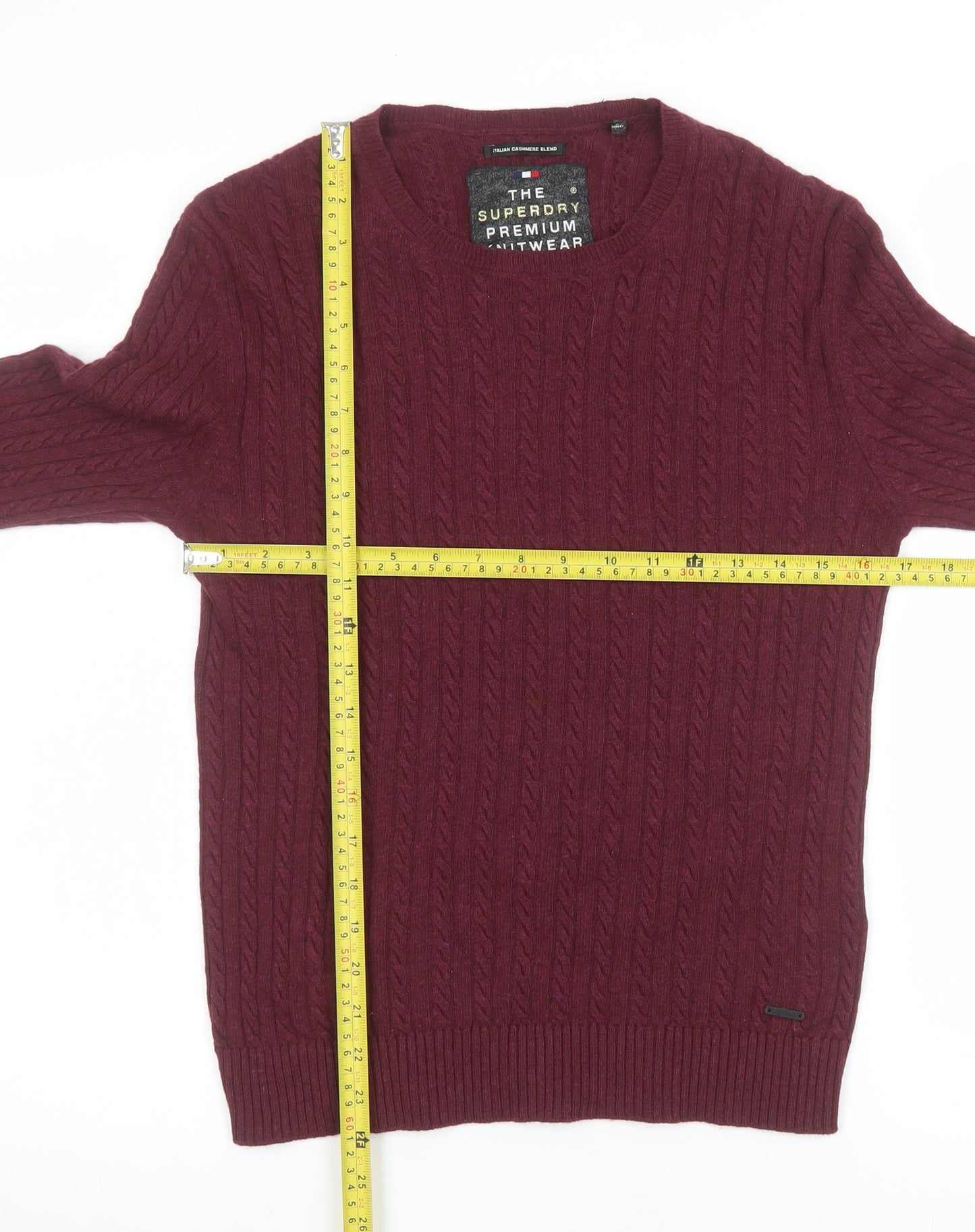 Superdry Men’s Red Cable Knit Wool Cashmere Pullover Jumper Size M