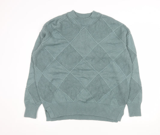 Marks and Spencer Men’s Green Argyle Crew Neck Cotton Wool Jumper Large