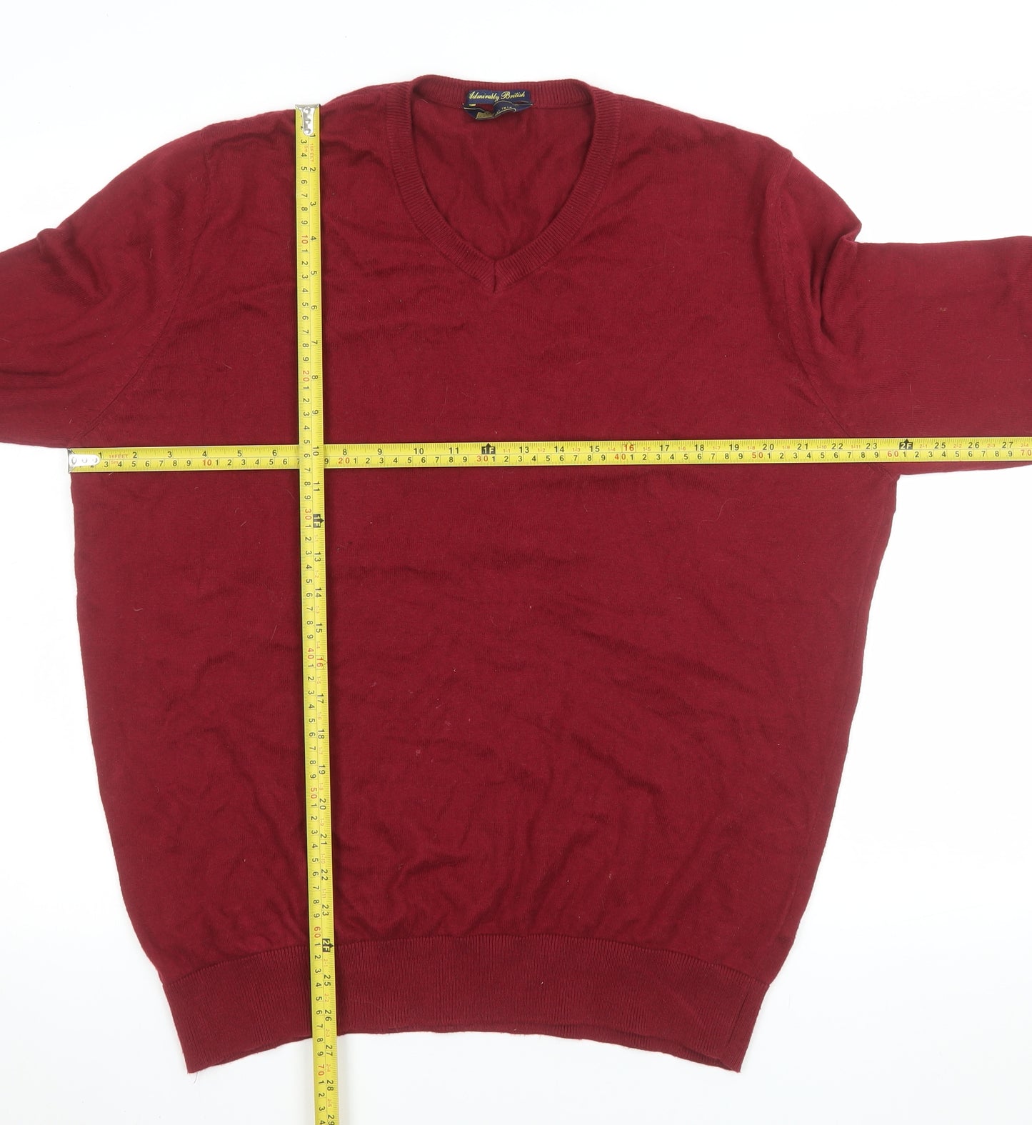 Admiral Mens Red Cotton Cashmere V-Neck Jumper L
