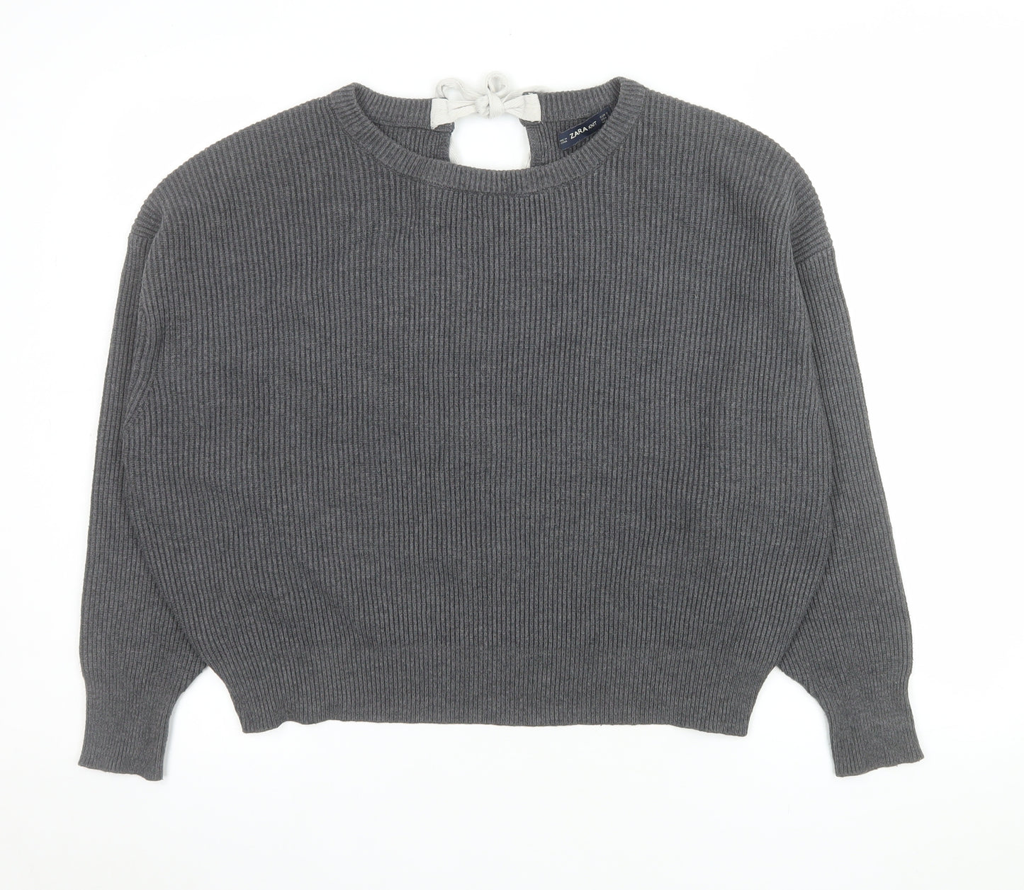 Zara Women Grey Knit Bow Back Relaxed Pullover Jumper Size S