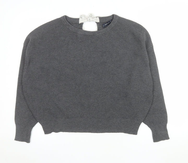 Zara Women Grey Knit Bow Back Relaxed Pullover Jumper Size S