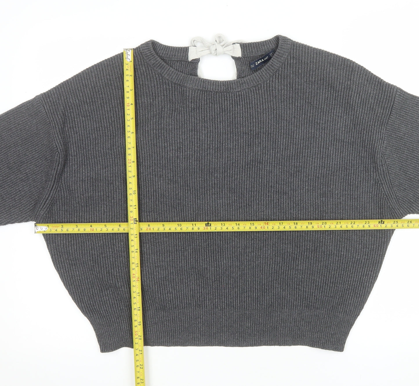 Zara Women Grey Knit Bow Back Relaxed Pullover Jumper Size S