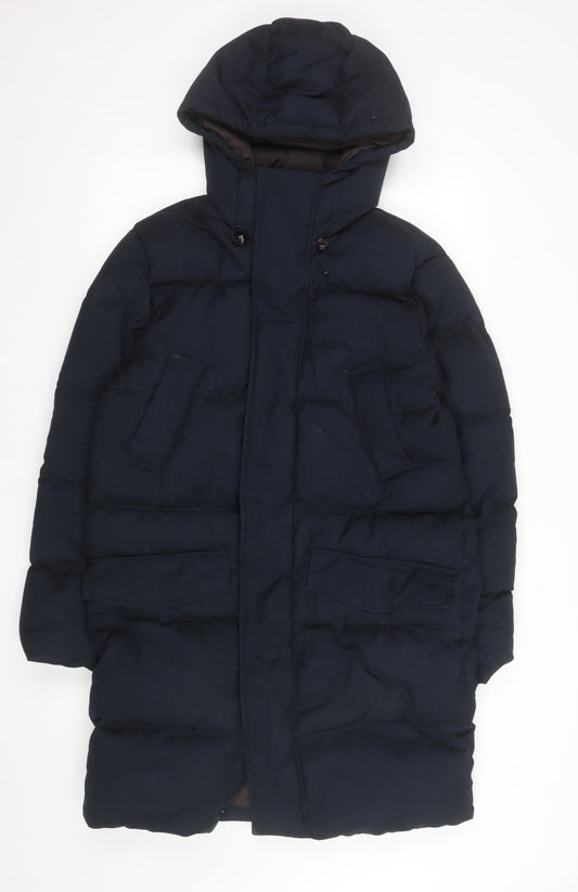 Reiss Women's Blue Long Puffer Coat S Hooded Down Insulated Winter