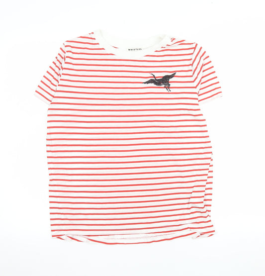 Whistles Women Red Stripe Embroidered Bird T-Shirt Size S