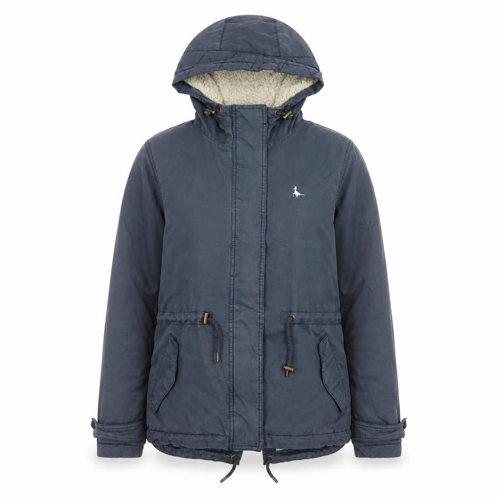 Front view of Jack Wills Women’s Blue Hooded Parka Jacket, size UK 12