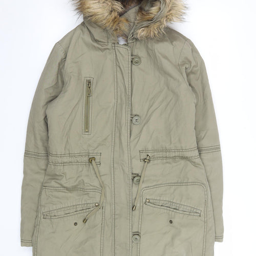 Next Women Green Parka Coat Size 10 Hooded Fur Trim Lined Long Jacket