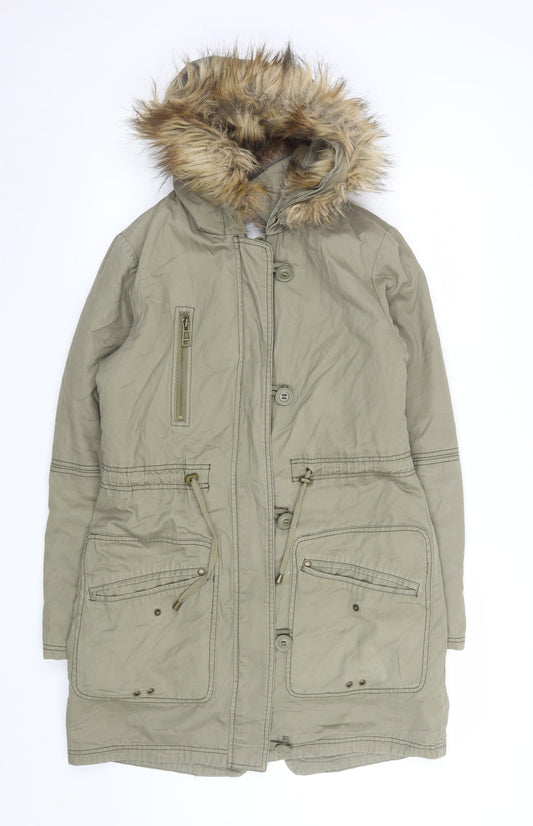 Next Women Green Parka Coat Size 10 Hooded Fur Trim Lined Long Jacket