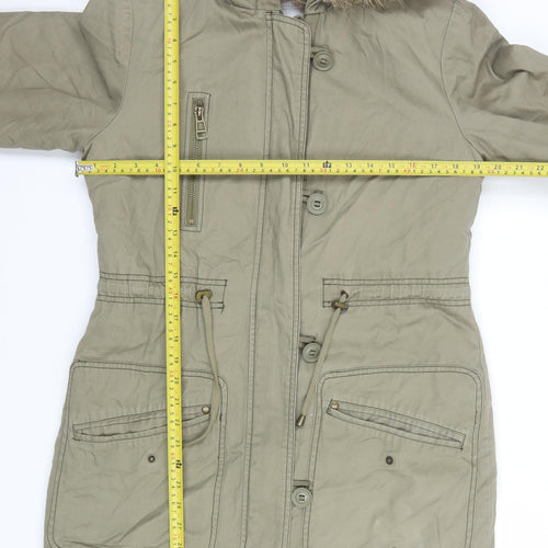 Next Women Green Parka Coat Size 10 Hooded Fur Trim Lined Long Jacket