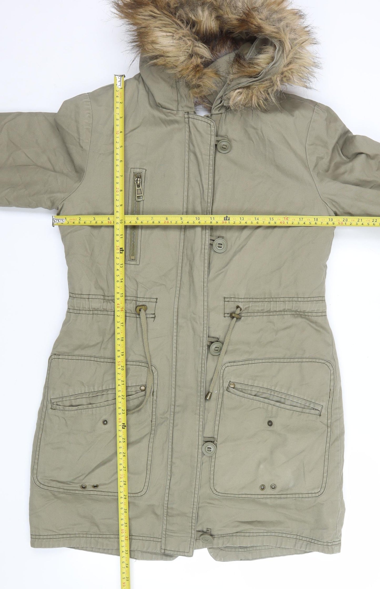 Next Women Green Parka Coat Size 10 Hooded Fur Trim Lined Long Jacket