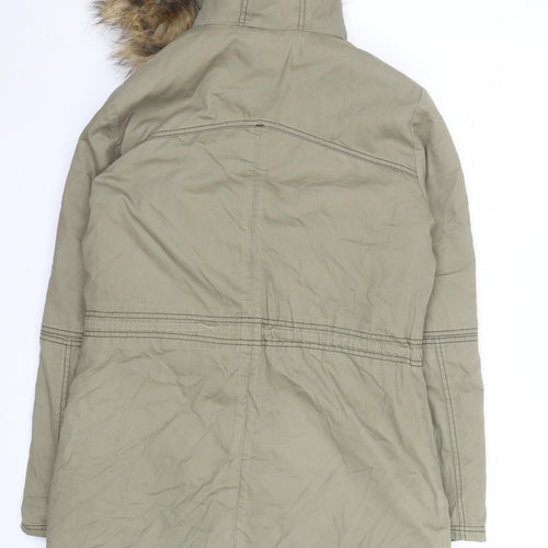 Next Women Green Parka Coat Size 10 Hooded Fur Trim Lined Long Jacket