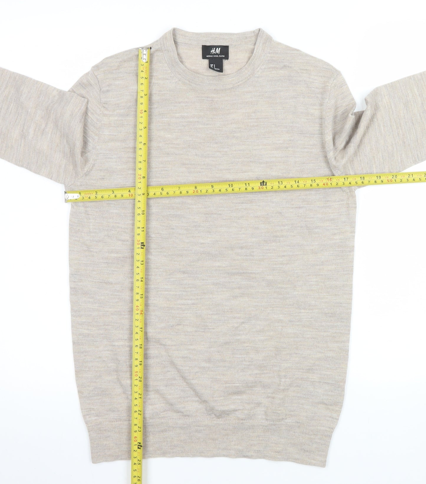 H&M Men's Beige Merino Wool Blend Crew Neck Jumper Size S