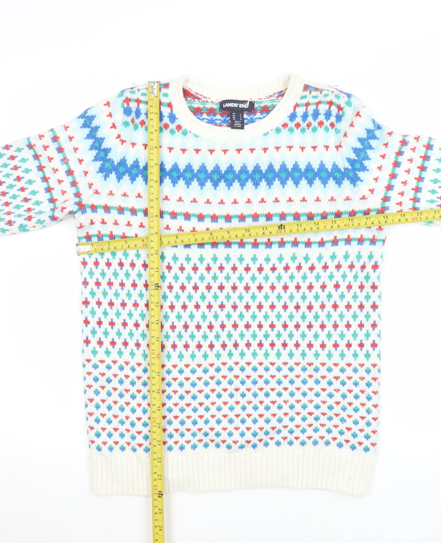 Lands' End Men's Multicoloured Fair Isle Cotton Blend Pullover Jumper Small