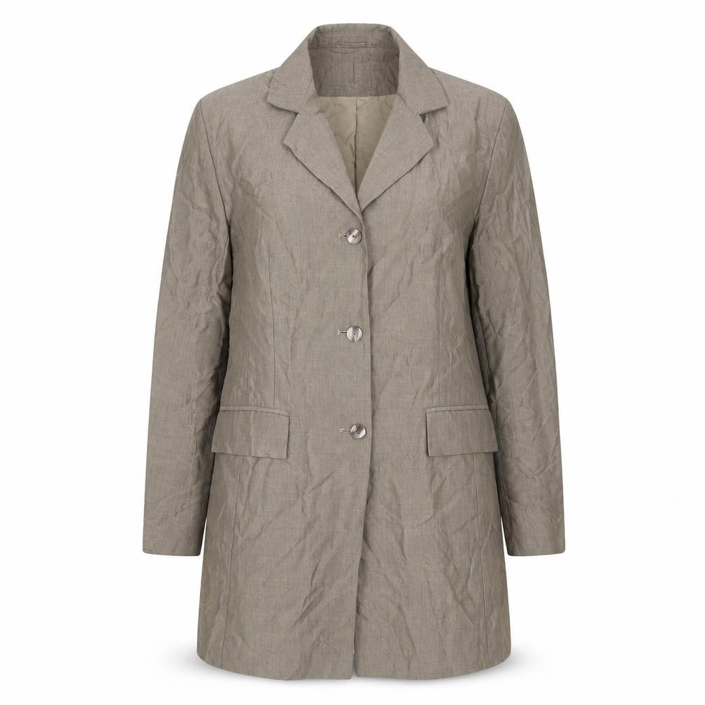 Front view of Linea Women Beige Long Single-Breasted Blazer Coat, size 16, Classic Fit