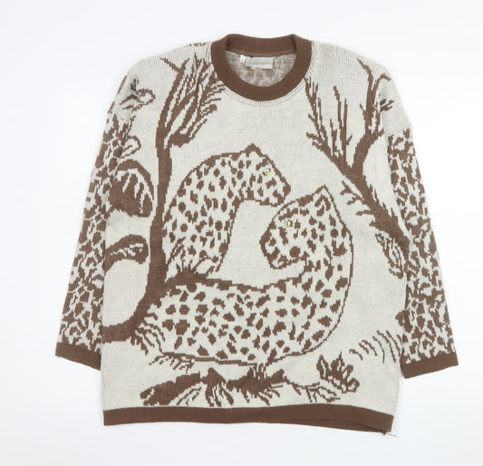 Nuova Moda Women Brown Beige Animal Print Wool Blend Jumper L