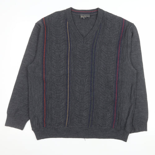 Peter Gribby Men’s Grey Cable-Knit Wool Blend V-Neck Jumper L